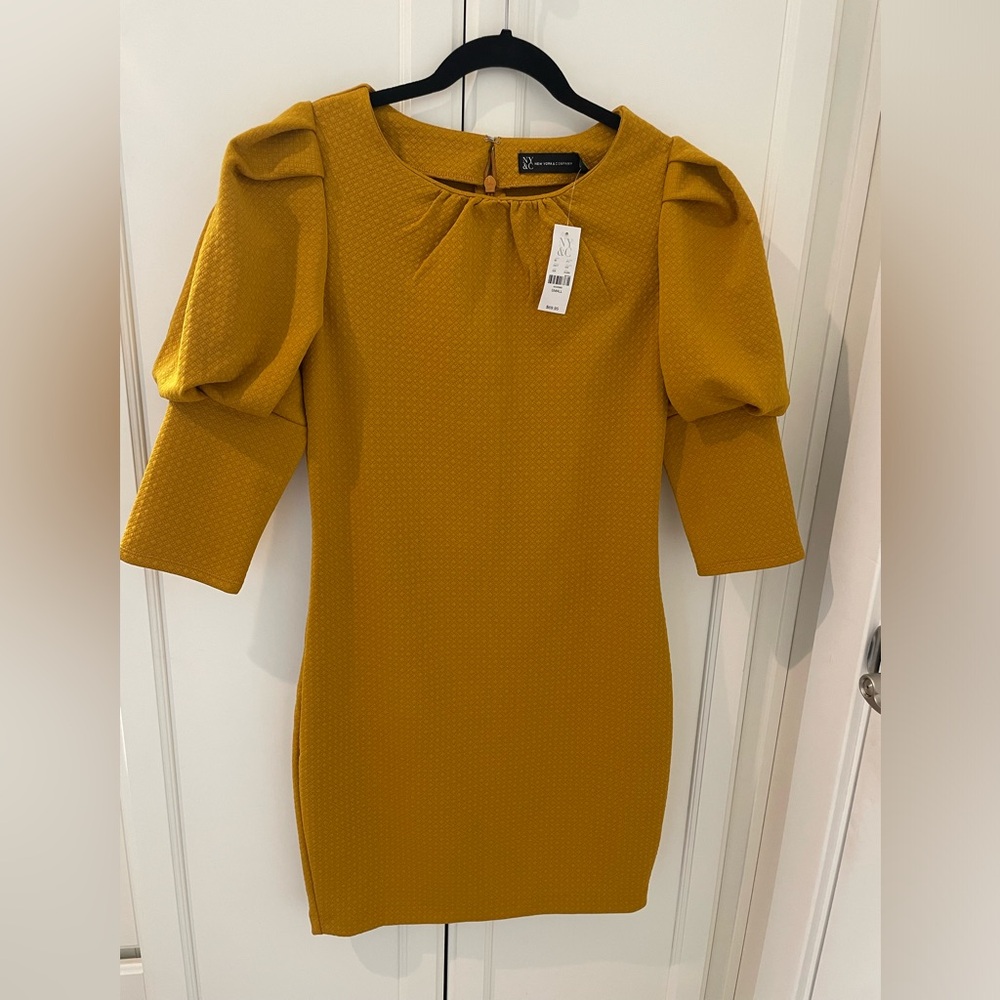 NWT NY&C Mustard Yellow Puff Sleeve Midi Dress - Size S